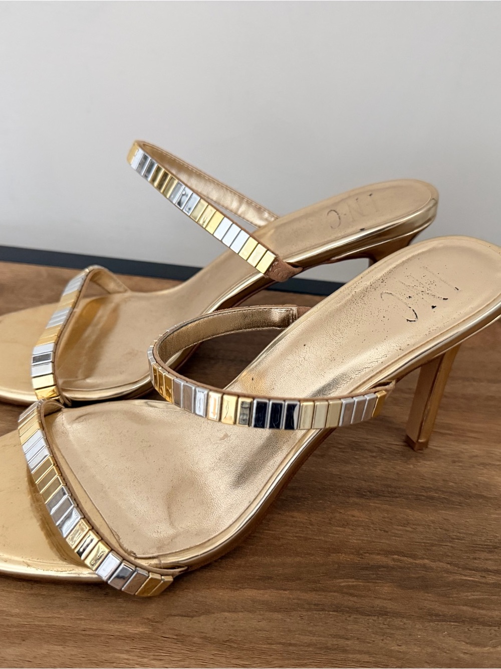 INC International Concepts Gold Metallic Strappy Heels with Silver Accents